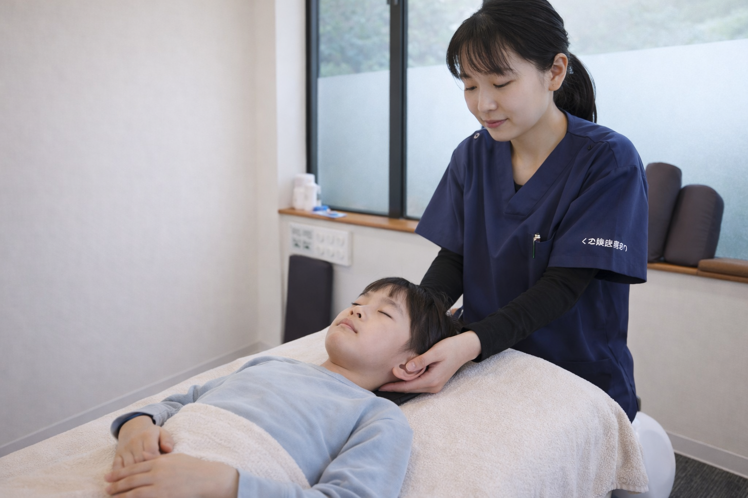 子どもの首や姿勢の状態を確認しながらやさしく施術を行う整骨院の施術風景