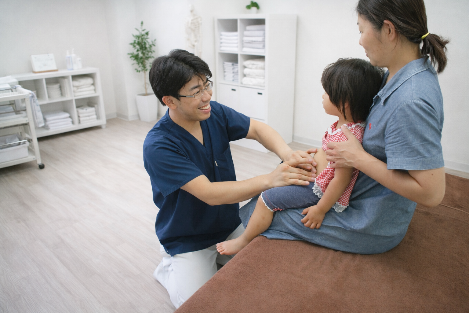 母親に抱かれたお子さまに対して、くめ鍼灸整骨院の施術者が丁寧に状態確認を行う様子