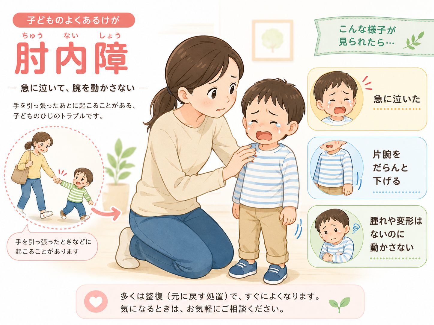 手を引っ張った後に子どもが急に泣き、片腕をだらんと下げて動かさない肘内障の症状を説明するイラスト。富田林市・大阪狭山市のくめ鍼灸整骨院 金剛院