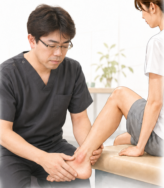 くめ鍼灸整骨院の久米院長が、足首を捻挫した患者の腫れや圧痛、足関節の状態を丁寧に確認している様子
