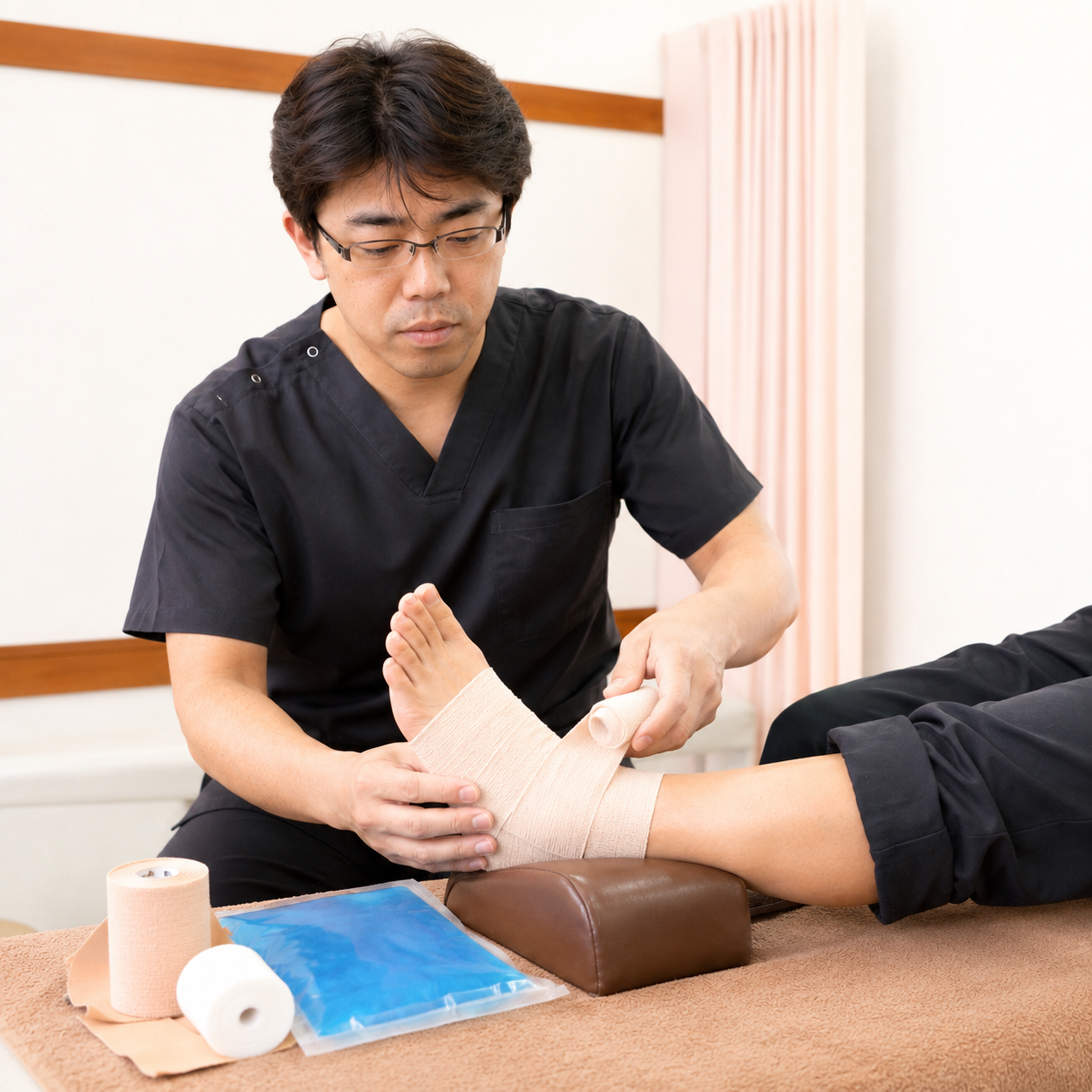 くめ鍼灸整骨院の久米院長が、足首を捻挫した患者に包帯固定を行い、患部を保護している初期処置の様子