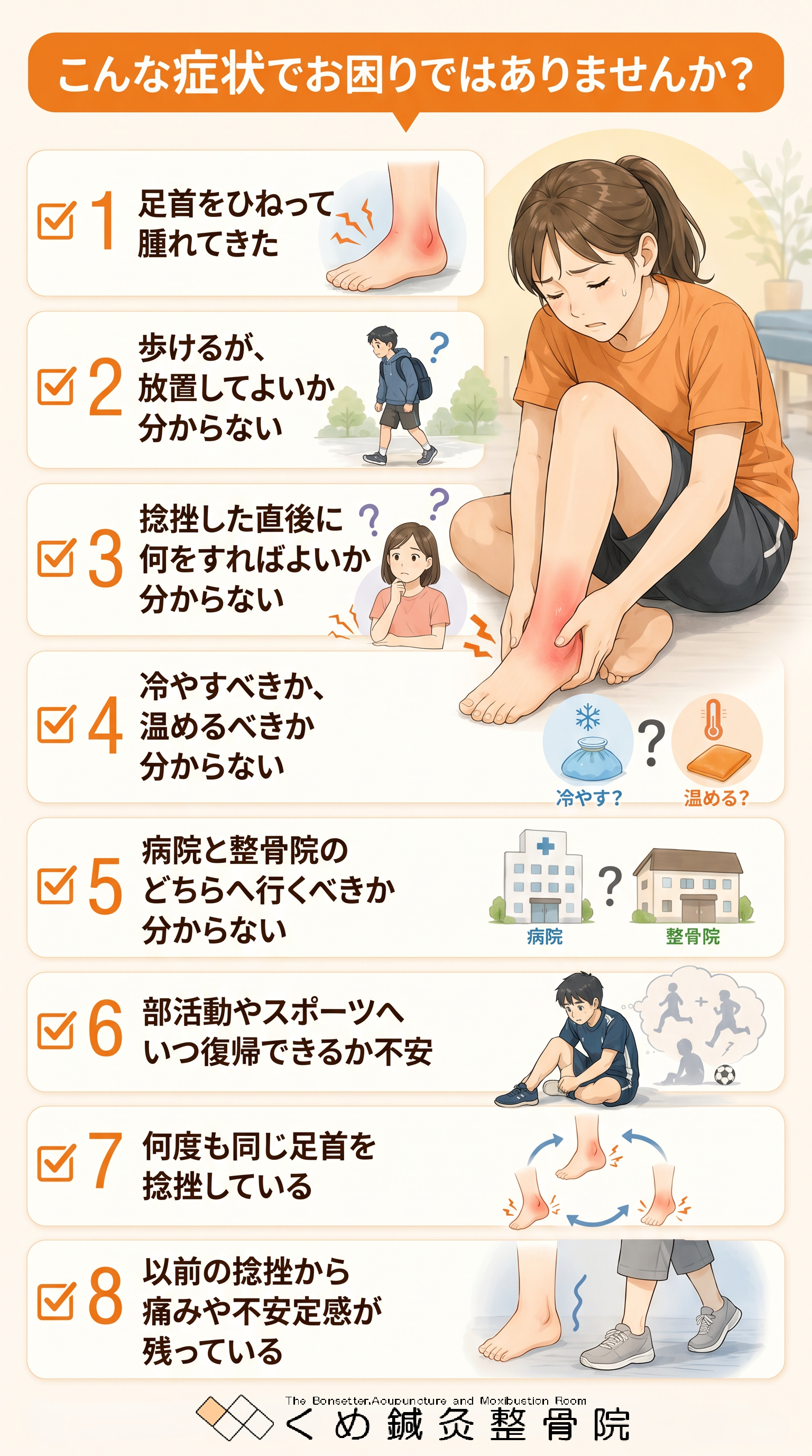 足首の腫れや歩行時の不安、捻挫直後の対応、冷却と温熱の判断、病院と整骨院の選択、スポーツ復帰、繰り返す捻挫など8つの悩みをイラストで説明する画像