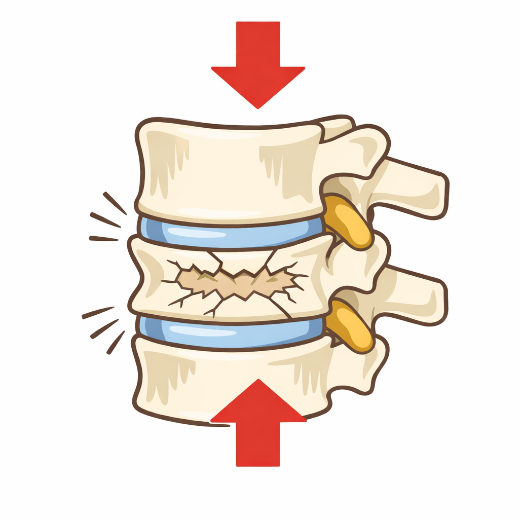 腰椎圧迫骨折の上下から外力が伝わっているイメージ図