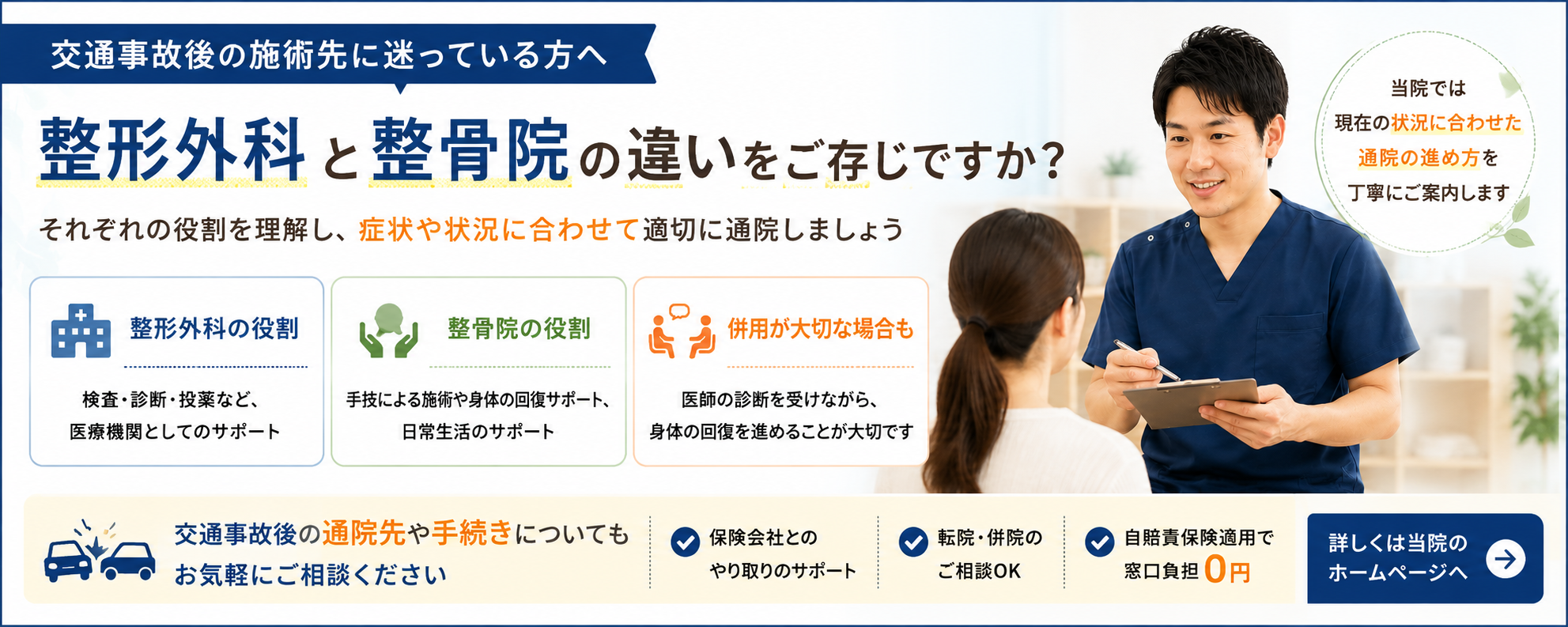交通事故後の通院先で迷っている方へ、整形外科と整骨院の違いを案内するくめ鍼灸整骨院のバナー