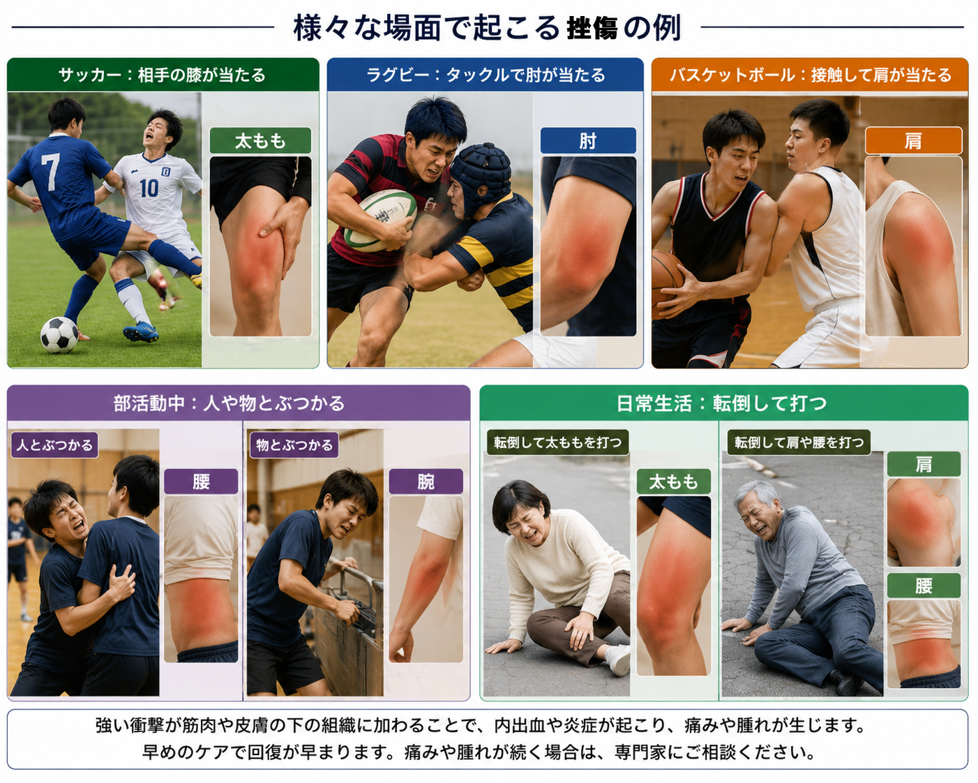 サッカー、ラグビー、バスケットボールでの接触、部活動中の人や物との衝突、日常生活での転倒によって、太もも・肘・肩・腰・腕を打つ場面を示した挫傷のイメージ図。