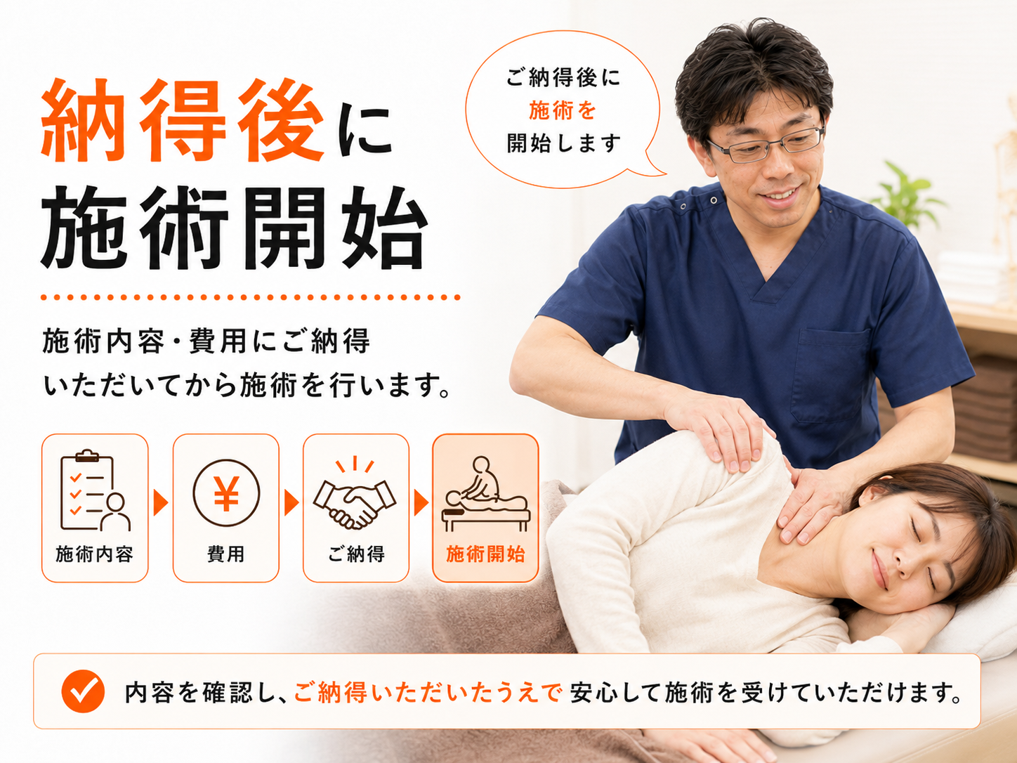 くめ鍼灸整骨院の久米院長が、施術内容と費用を確認した患者さんに施術を行っている様子
