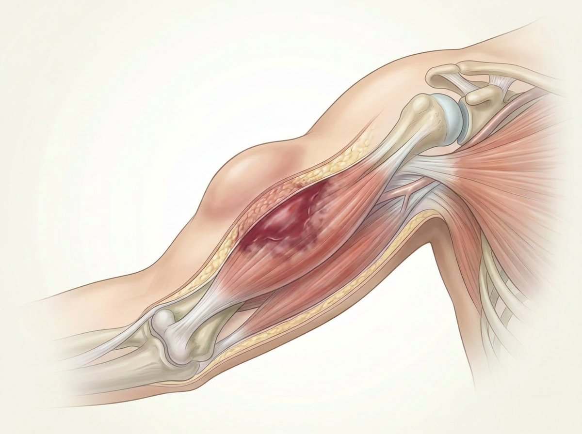 筋肉内の出血や腫れが起きた上腕部の挫傷・筋挫傷を示す解剖イラスト